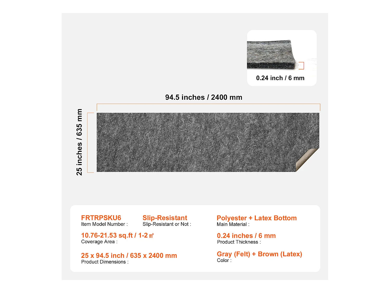 Tapis Antidérapant SucceBuy, 63,5x240 cm, 6 mm d'Épaisseur pour Sol