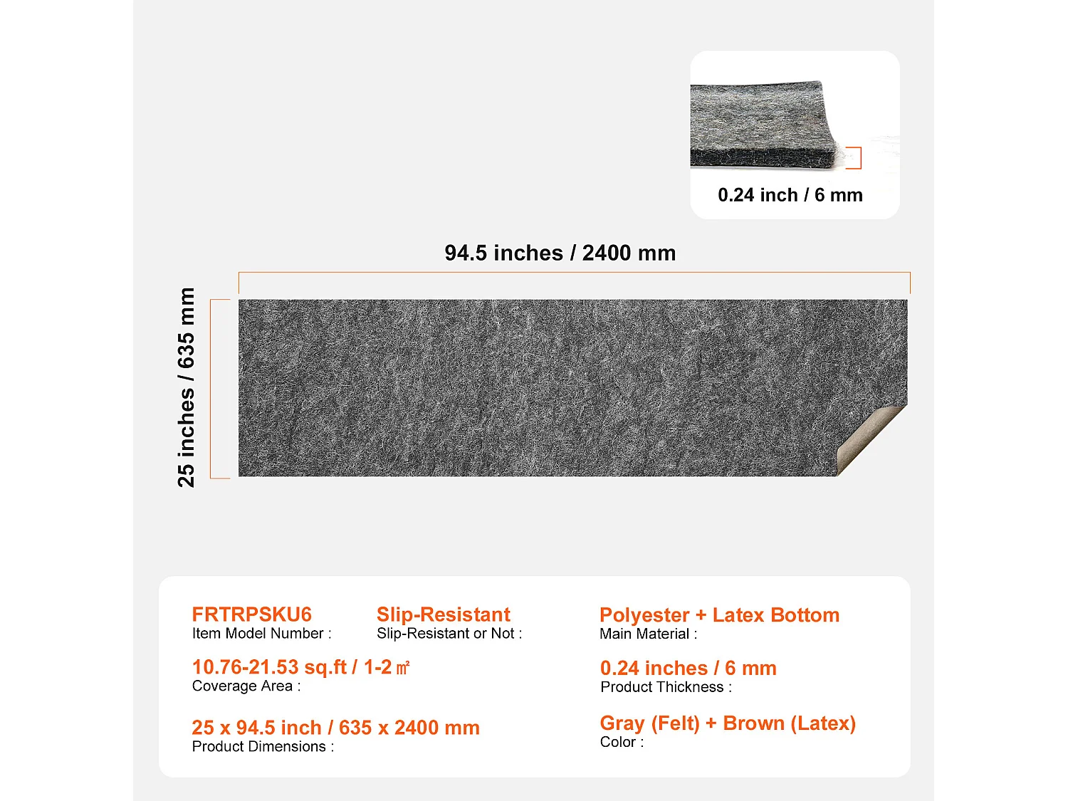 Tapis Antidérapant SucceBuy, 63,5x240 cm, 6 mm d'Épaisseur pour Sol