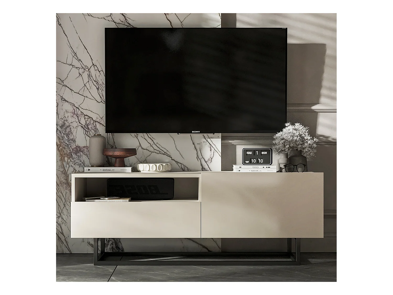 Meuble TV avec 1 portes et niche, tiroir - corps Cachemire mat, façades Cachemire mat - 120 cm, Cadre en métal noir