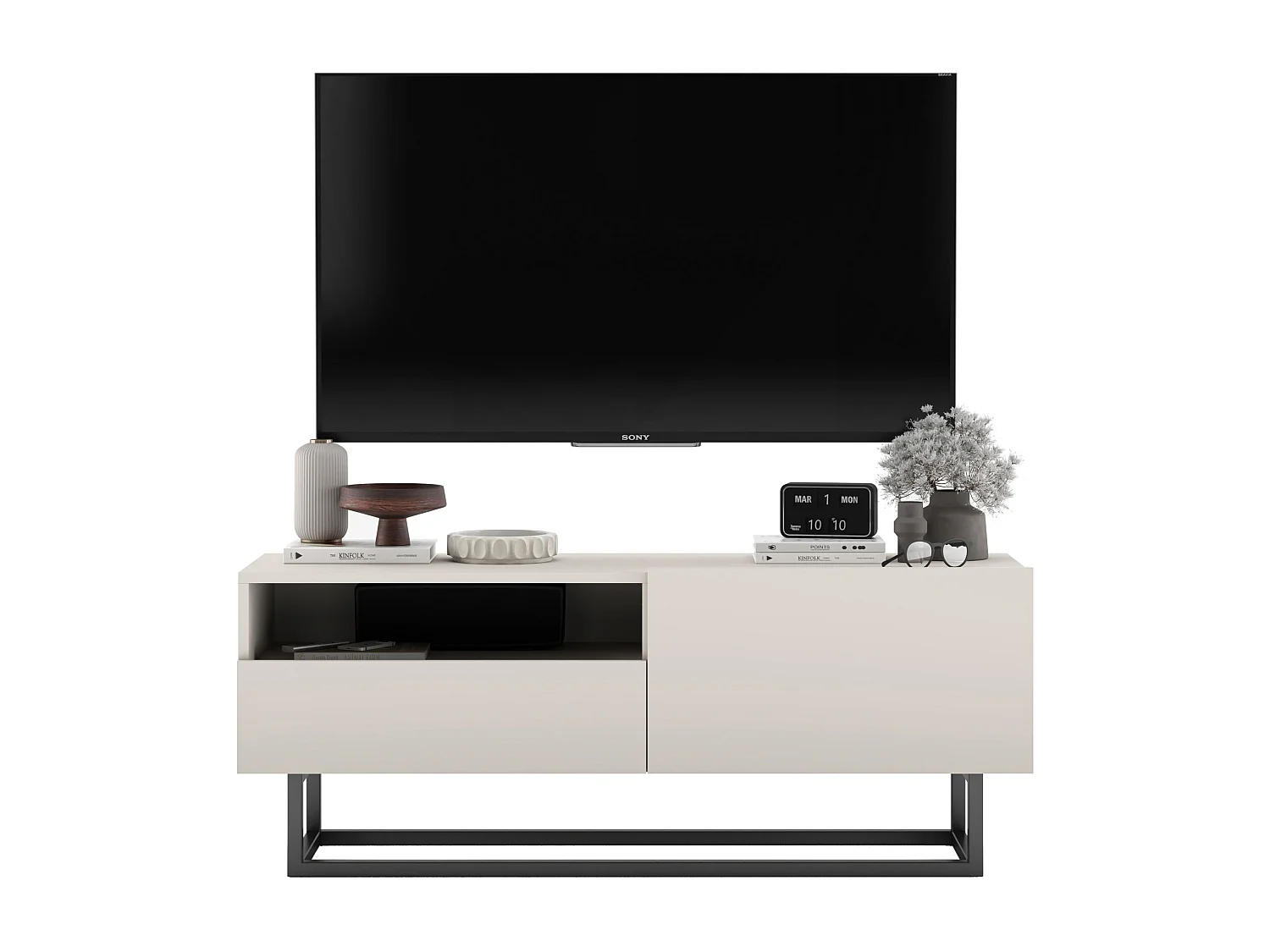 Meuble TV avec 1 portes et niche, tiroir - corps Cachemire mat, façades Cachemire mat - 120 cm, Cadre en métal noir