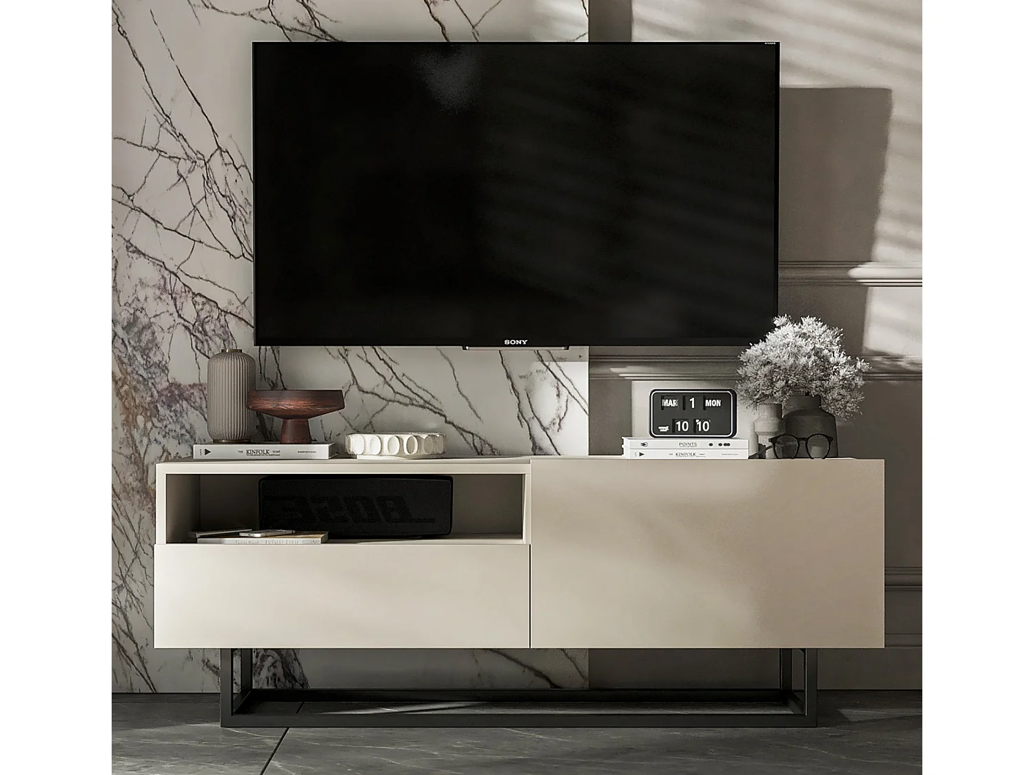 Móvel de TV com 1 porta e nicho, gaveta - corpo cachemira mate, frentes cachemira mate - 120 cm, estrutura em metal preto
