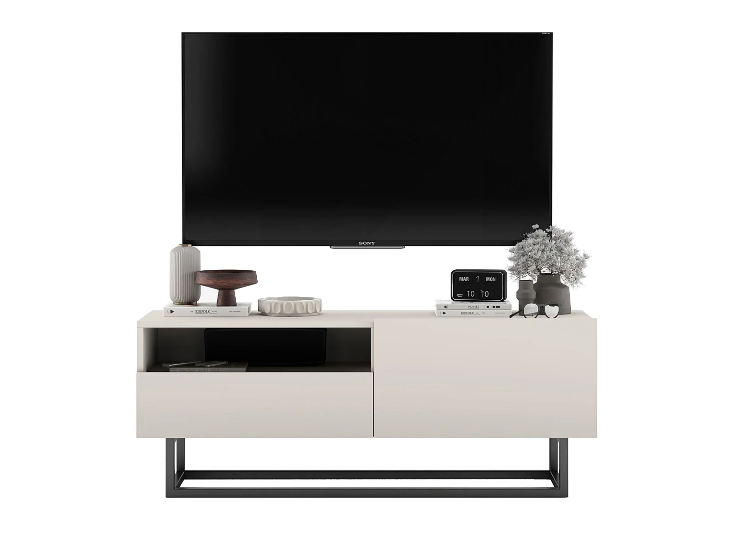 Móvel de TV com 1 porta e nicho, gaveta - corpo cachemira mate, frentes cachemira mate - 120 cm, estrutura em metal preto