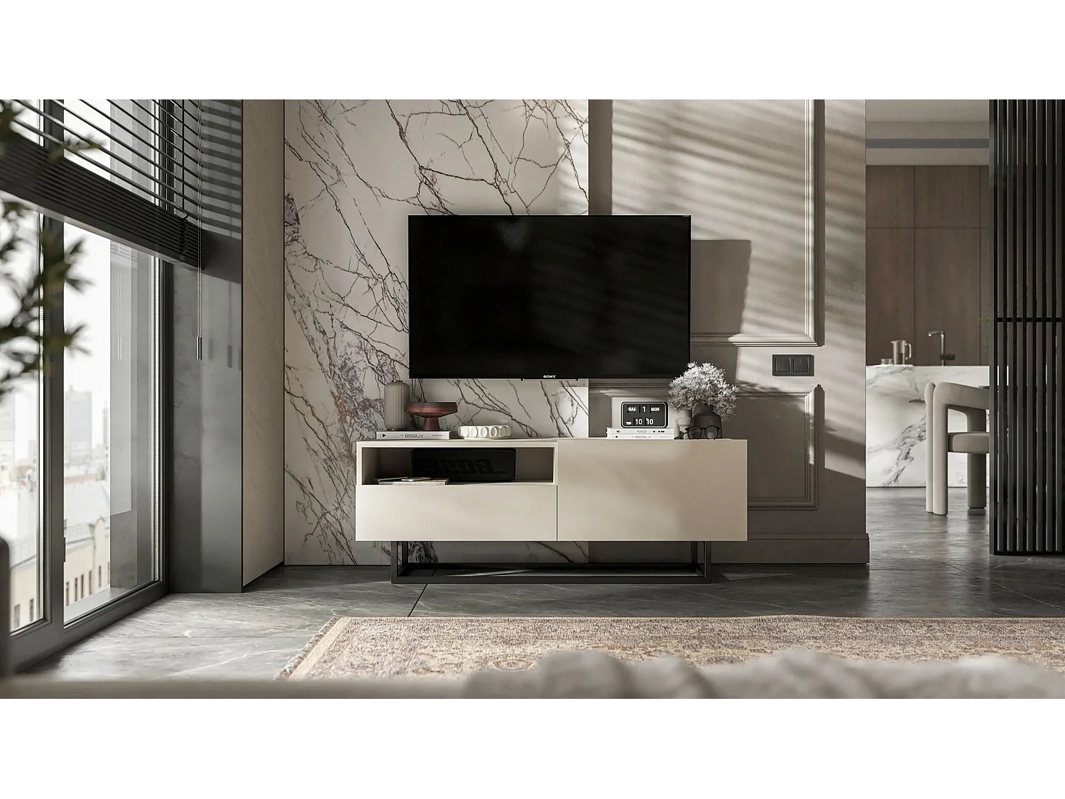 Móvel de TV com 1 porta e nicho, gaveta - corpo cachemira mate, frentes cachemira mate - 120 cm, estrutura em metal preto