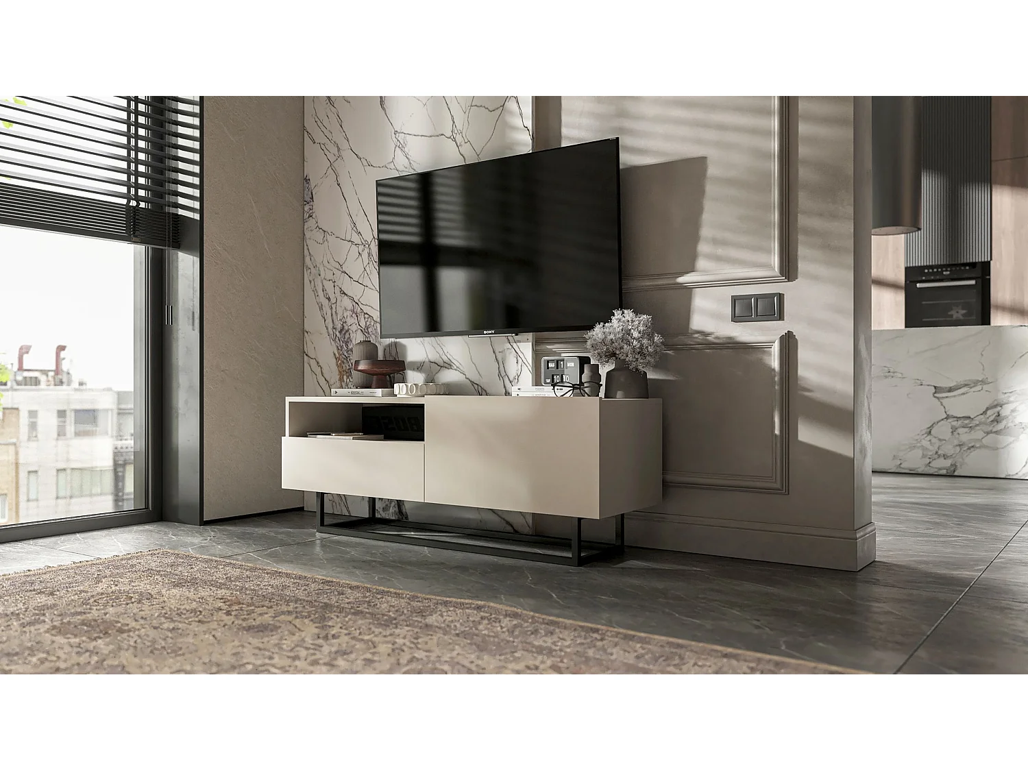 Móvel de TV com 1 porta e nicho, gaveta - corpo cachemira mate, frentes cachemira mate - 120 cm, estrutura em metal preto