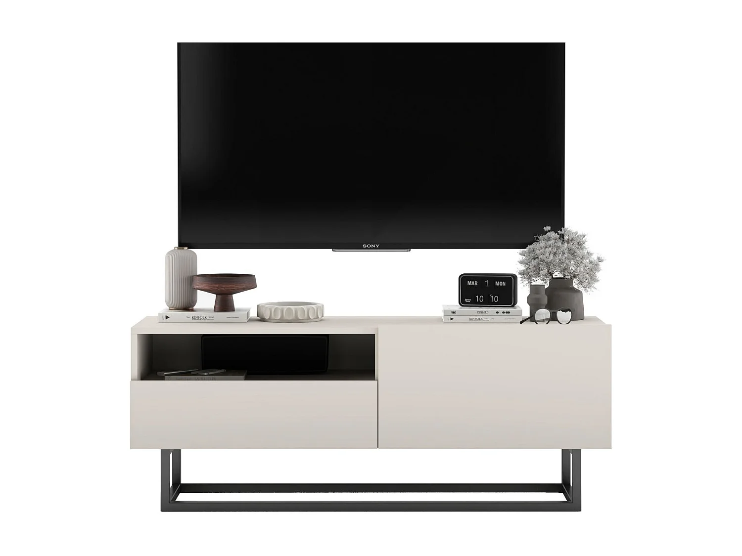 TV-meubel met 1 deur en open vak, lade - корпус kasjmier mat, fronten kasjmier mat - 120 cm, zwart metalen frame