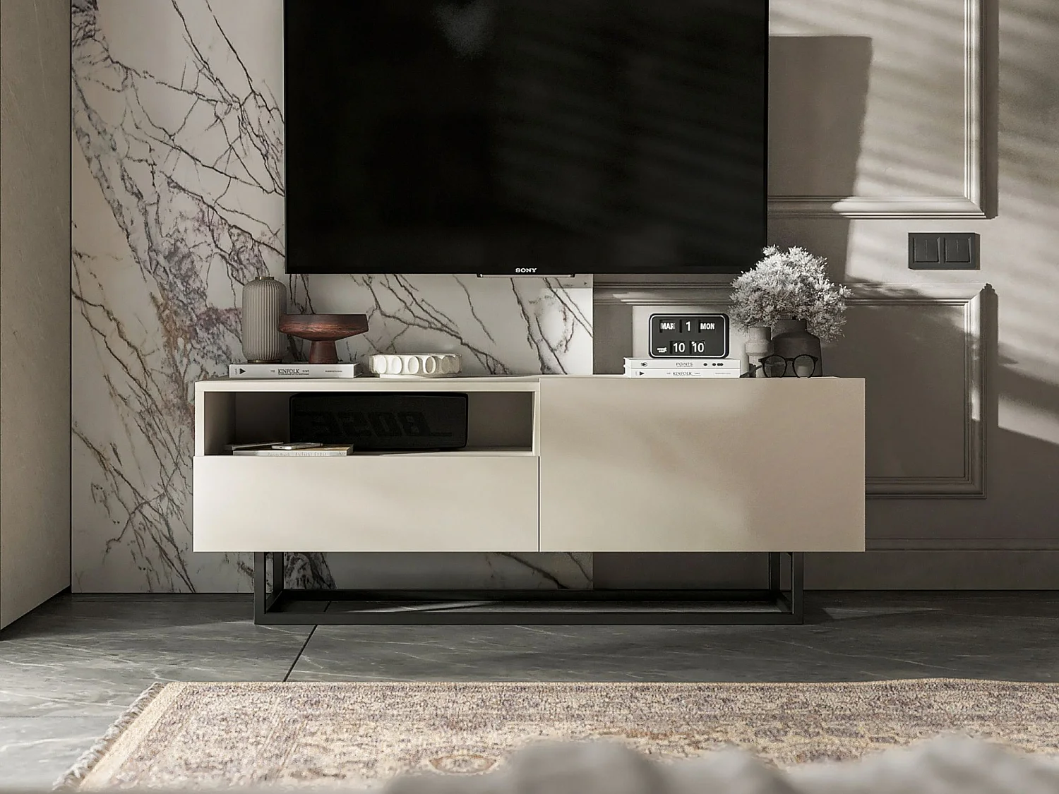 TV-meubel met 1 deur en open vak, lade - корпус kasjmier mat, fronten kasjmier mat - 120 cm, zwart metalen frame