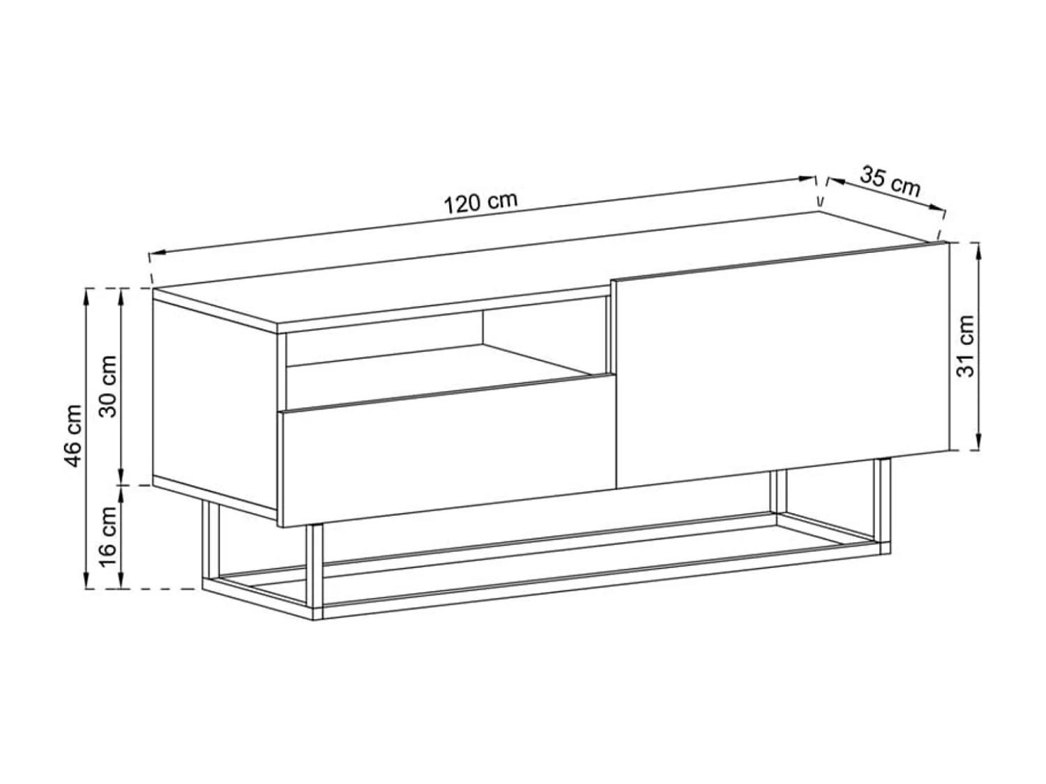 Meuble TV avec 1 portes et niche, tiroir - corps Cachemire mat, façades Cachemire mat - 120 cm, Cadre en métal noir