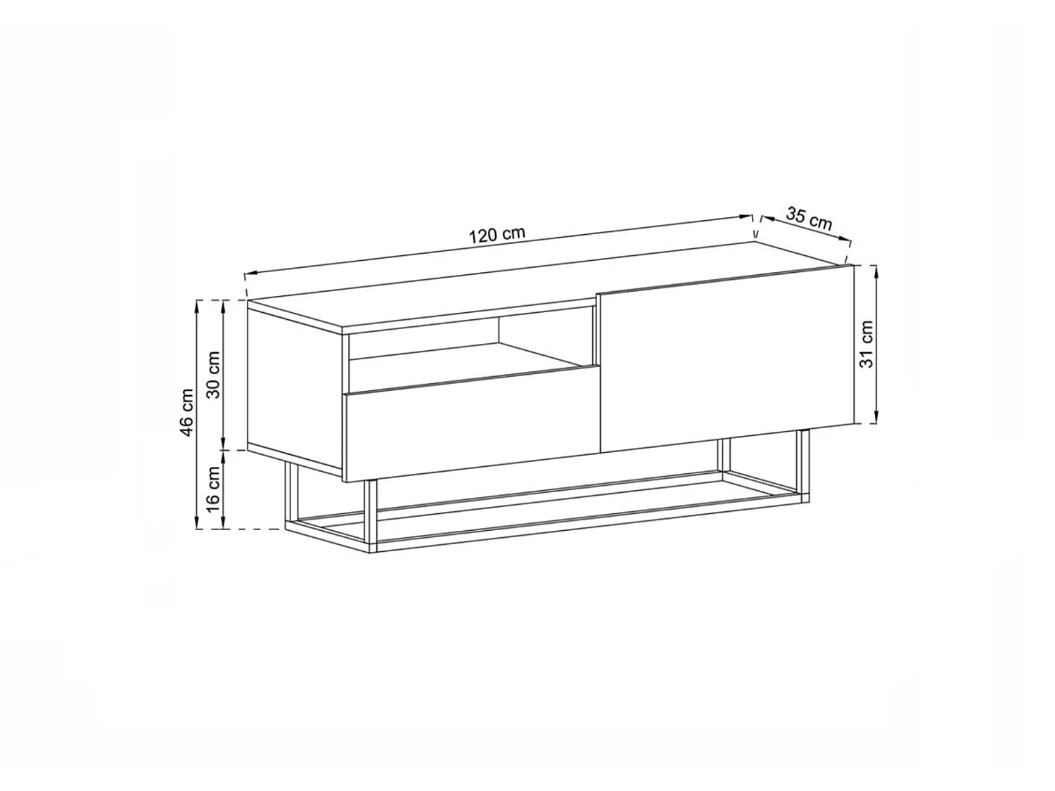 Móvel de TV com 1 porta e nicho, gaveta - corpo cachemira mate, frentes cachemira mate - 120 cm, estrutura em metal preto