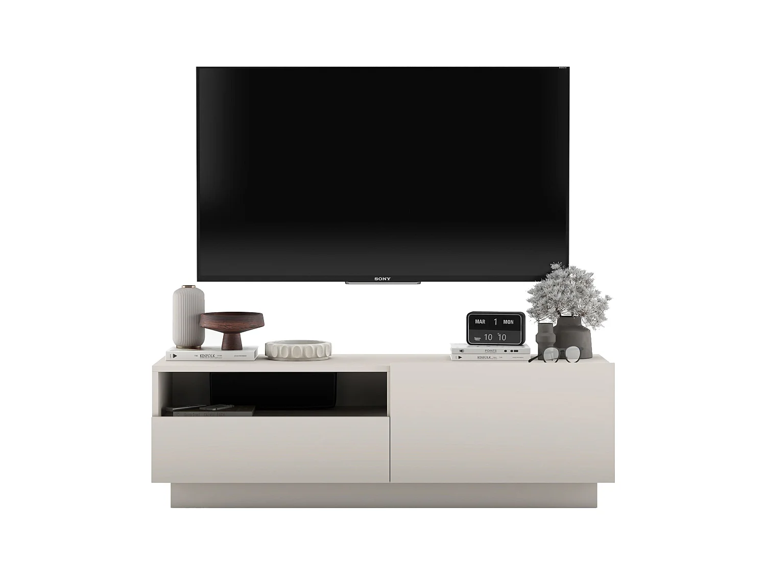 Meuble TV avec 1 portes et niche, tiroir - corps Cachemire mat, façades Cachemire mat - 120 cm, sur socle