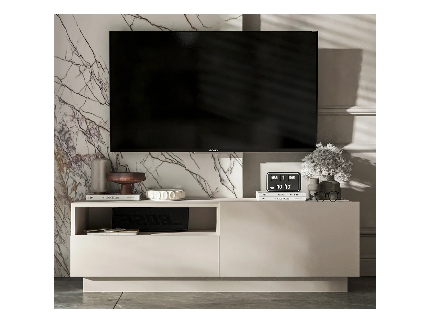 Meuble TV avec 1 portes et niche, tiroir - corps Cachemire mat, façades Cachemire mat - 120 cm, sur socle