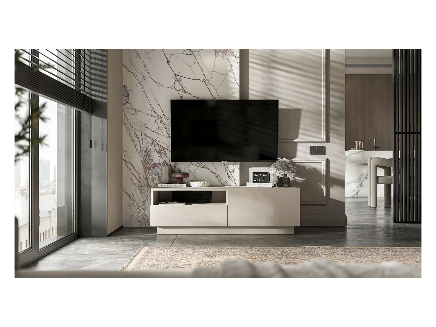 Meuble TV avec 1 portes et niche, tiroir - corps Cachemire mat, façades Cachemire mat - 120 cm, sur socle