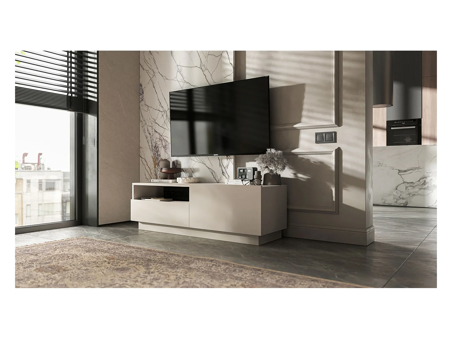 Meuble TV avec 1 portes et niche, tiroir - corps Cachemire mat, façades Cachemire mat - 120 cm, sur socle