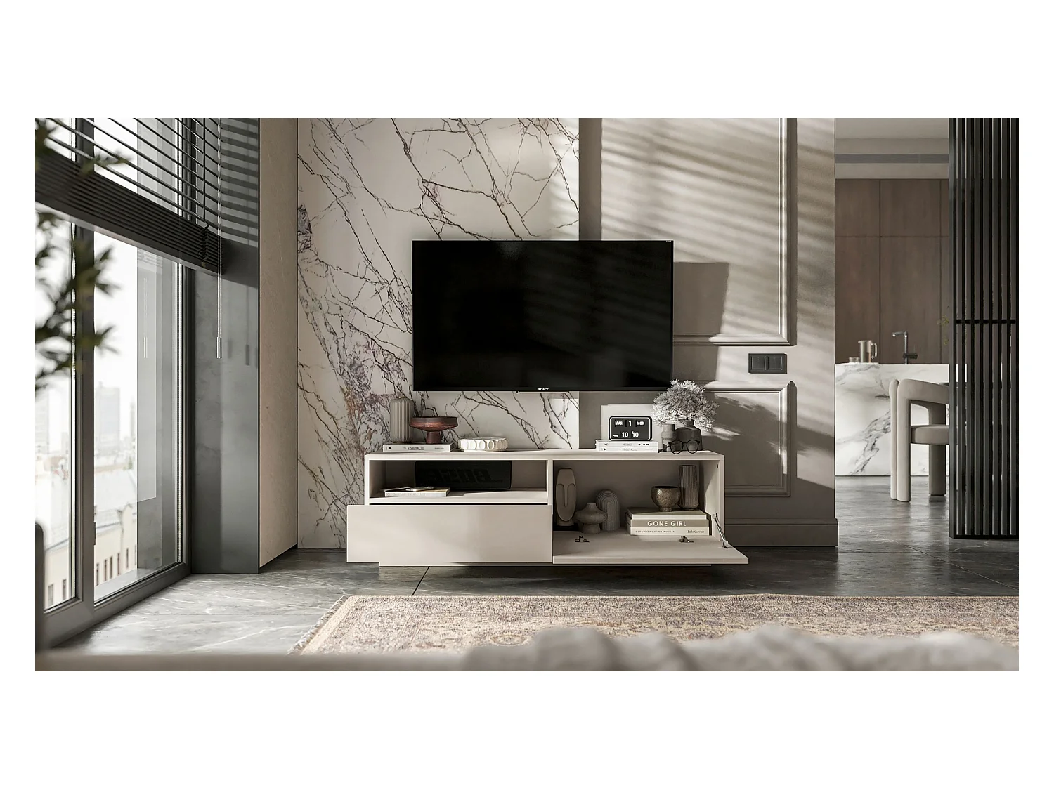 Meuble TV avec 1 portes et niche, tiroir - corps Cachemire mat, façades Cachemire mat - 120 cm, sur socle