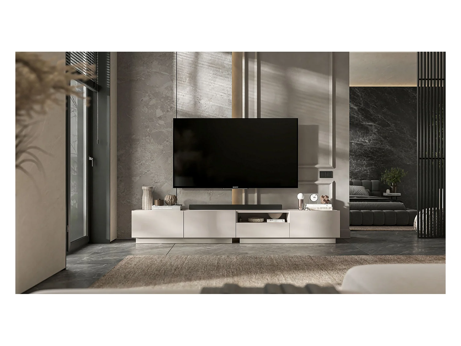 Meuble TV avec 1 portes et niche, tiroir - corps Cachemire mat, façades Cachemire mat - 120 cm, sur socle