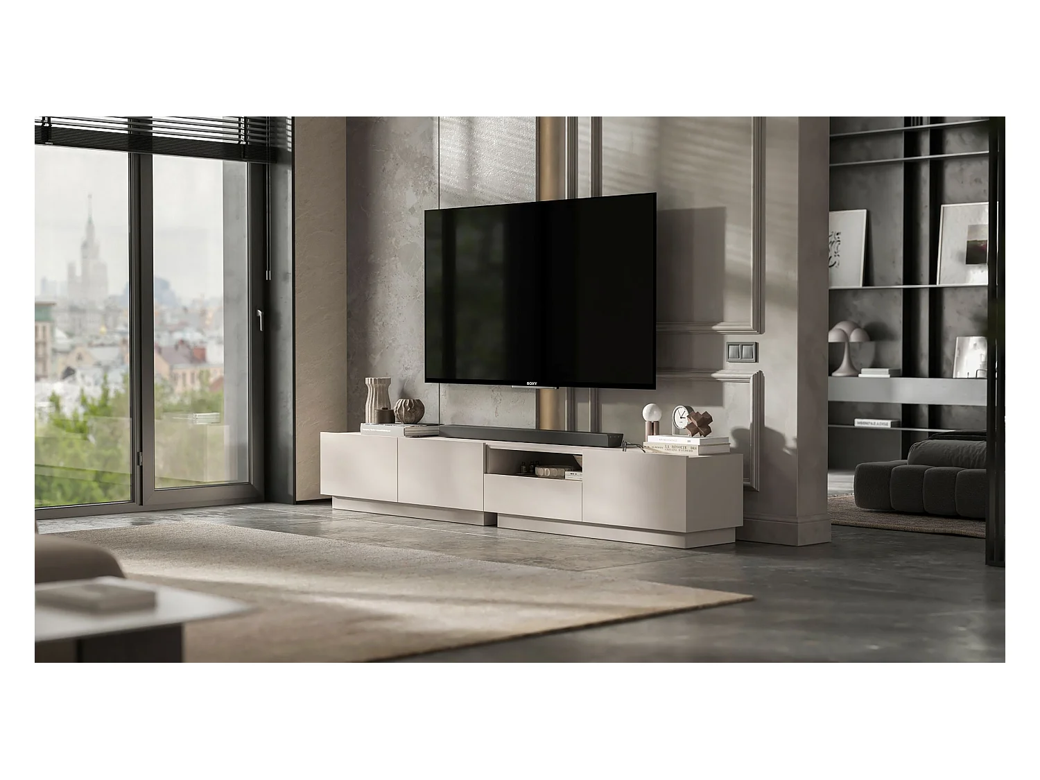 Meuble TV avec 1 portes et niche, tiroir - corps Cachemire mat, façades Cachemire mat - 120 cm, sur socle