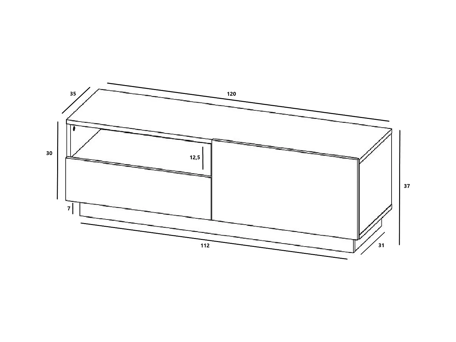 Meuble TV avec 1 portes et niche, tiroir - corps Cachemire mat, façades Cachemire mat - 120 cm, sur socle