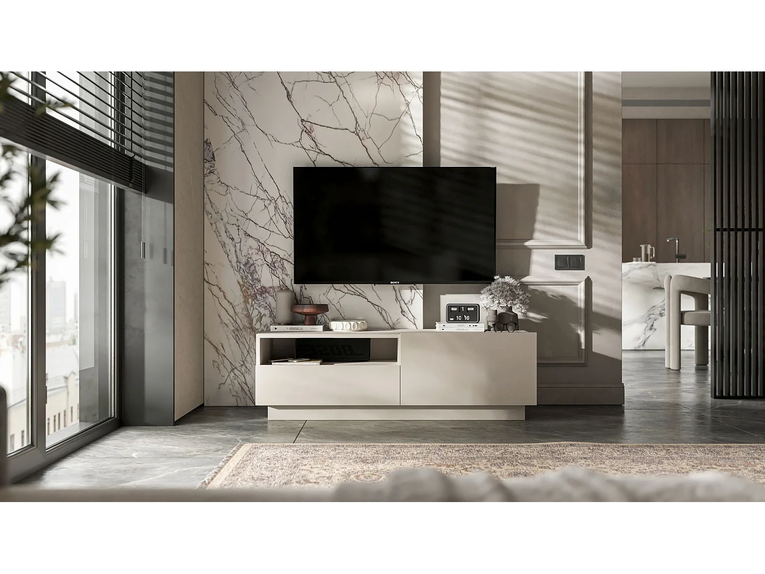 Meuble TV avec 1 portes et niche, tiroir - corps Cachemire mat, façades Cachemire mat - 120 cm, sur socle