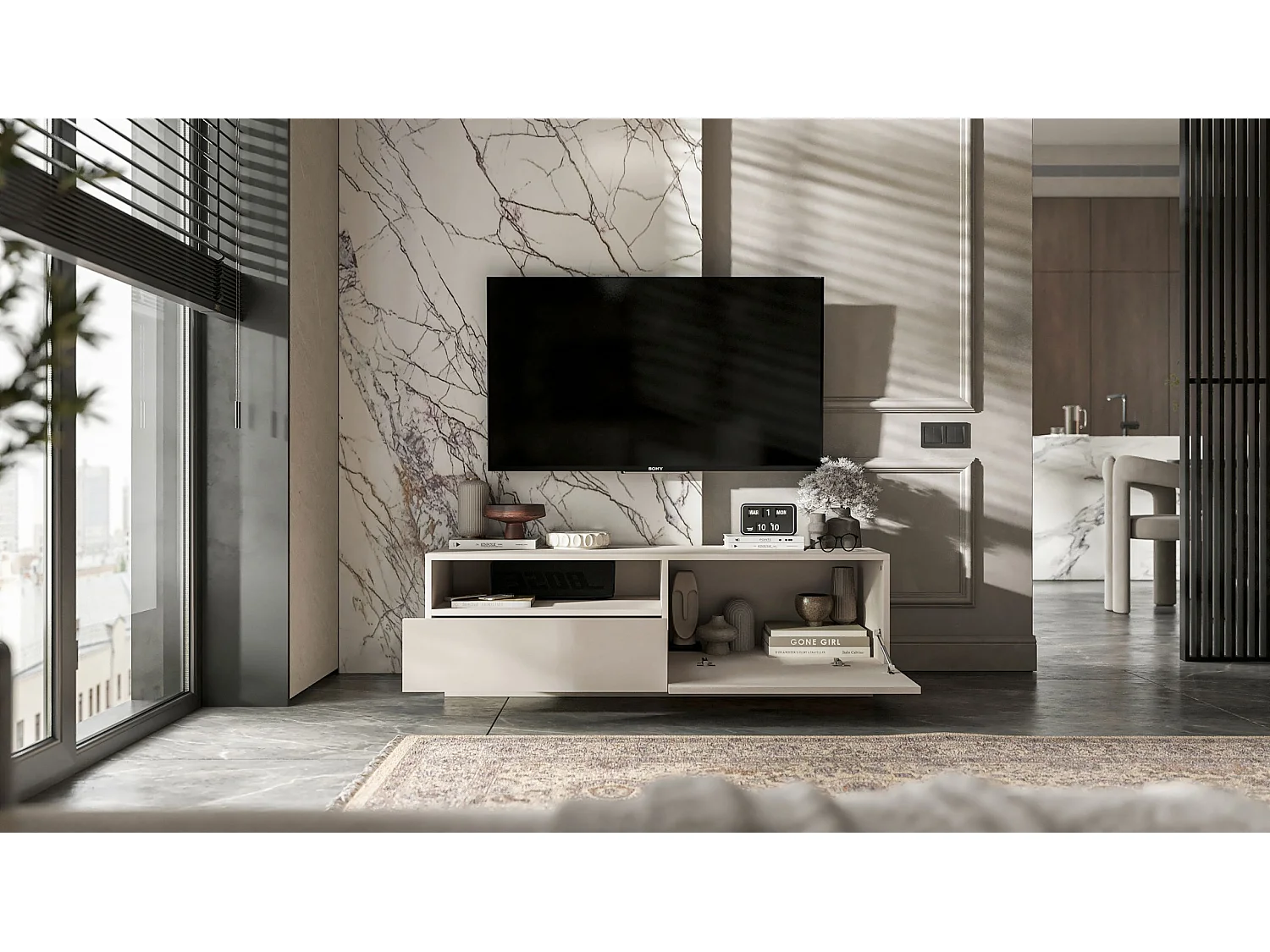 Meuble TV avec 1 portes et niche, tiroir - corps Cachemire mat, façades Cachemire mat - 120 cm, sur socle