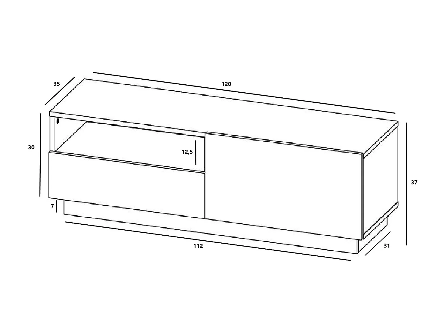 Meuble TV avec 1 portes et niche, tiroir - corps Cachemire mat, façades Cachemire mat - 120 cm, sur socle