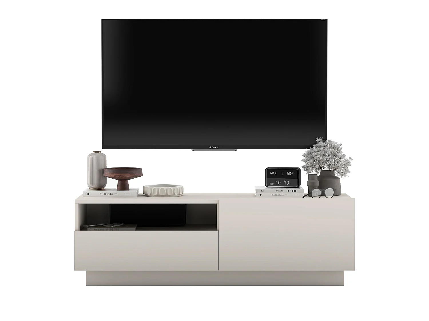Móvel de TV com 1 porta e nicho, gaveta - corpo cachemira mate, frentes cachemira mate - 120 cm, sobre base
