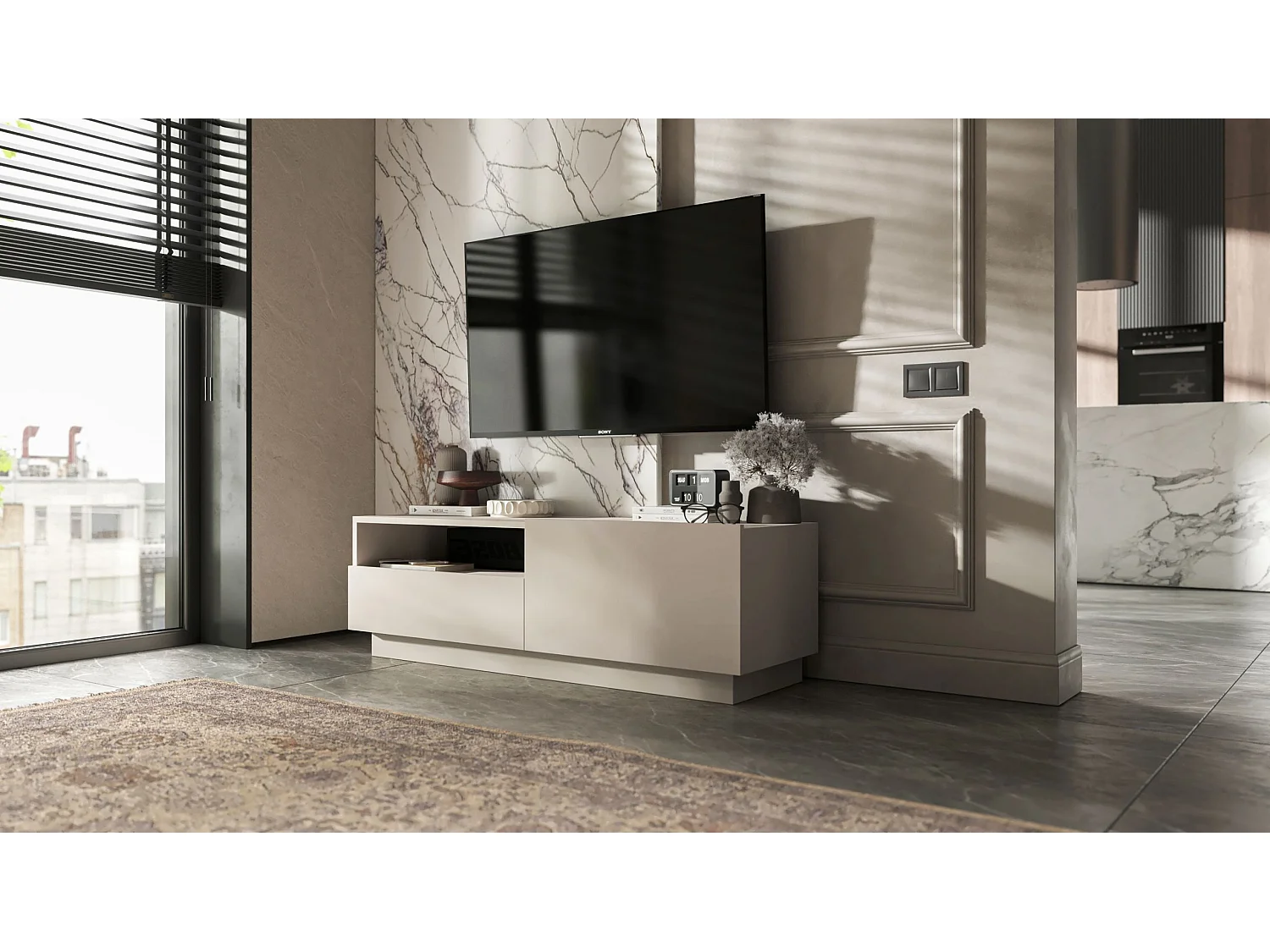 Móvel de TV com 1 porta e nicho, gaveta - corpo cachemira mate, frentes cachemira mate - 120 cm, sobre base