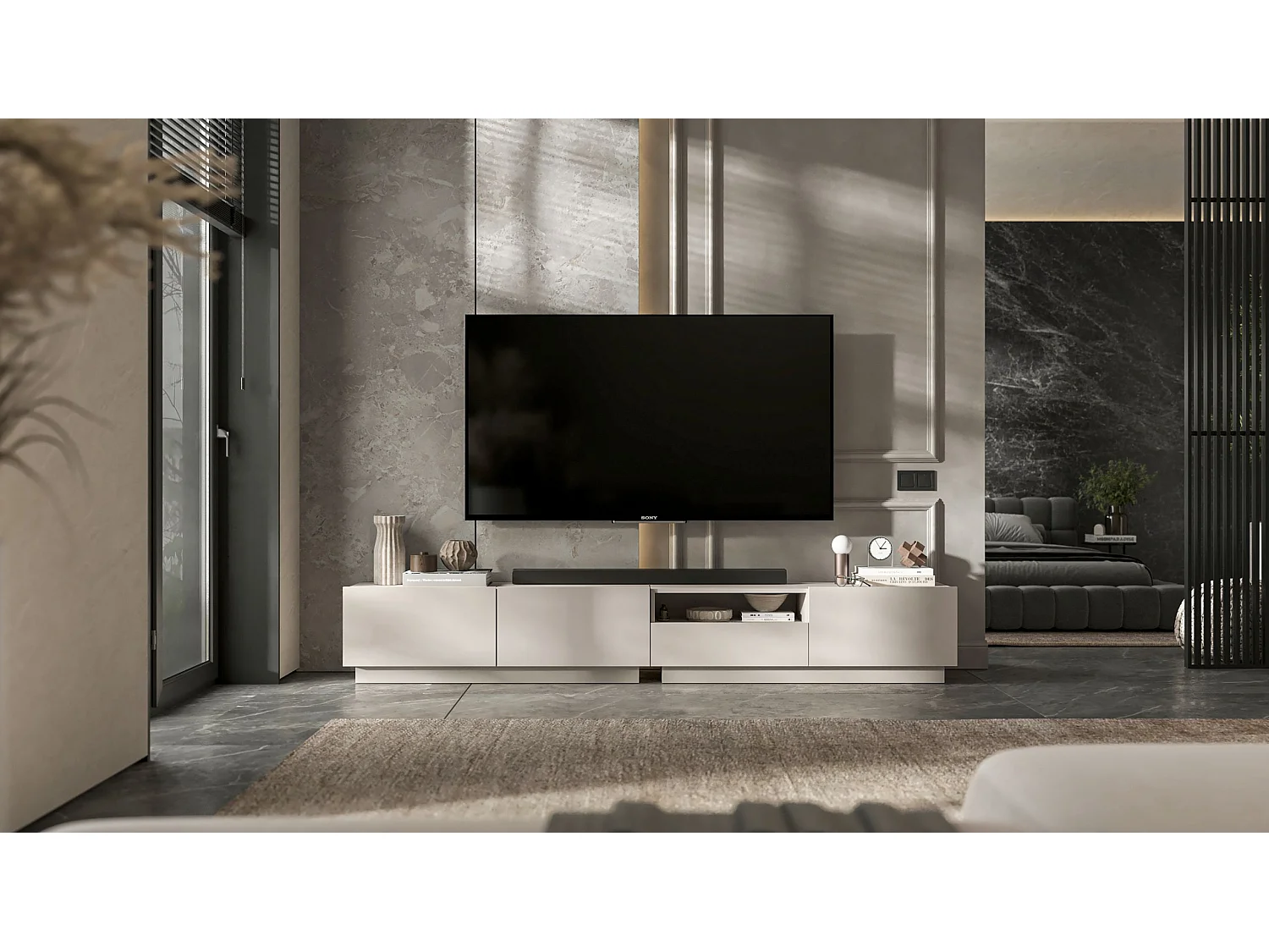 Móvel de TV com 1 porta e nicho, gaveta - corpo cachemira mate, frentes cachemira mate - 120 cm, sobre base
