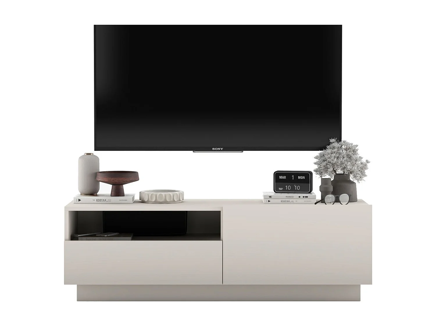 TV-meubel met 1 deur en open vak, lade - корпус kasjmier mat, fronten kasjmier mat - 120 cm, op sokkel