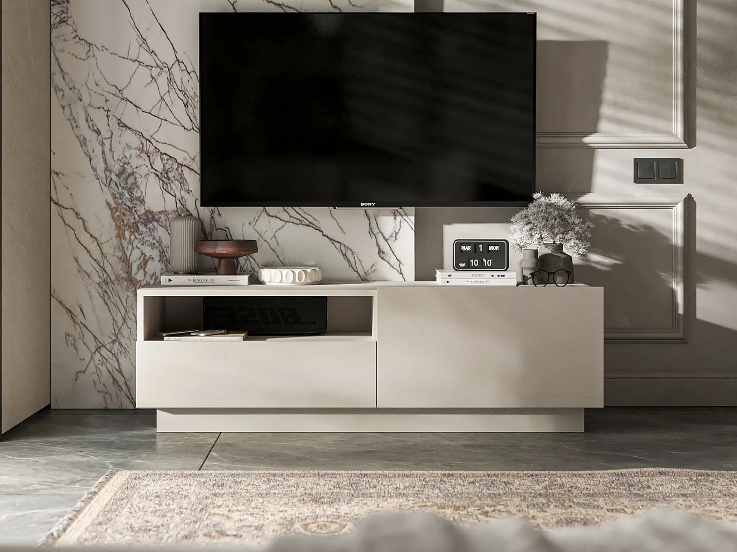 TV-meubel met 1 deur en open vak, lade - корпус kasjmier mat, fronten kasjmier mat - 120 cm, op sokkel