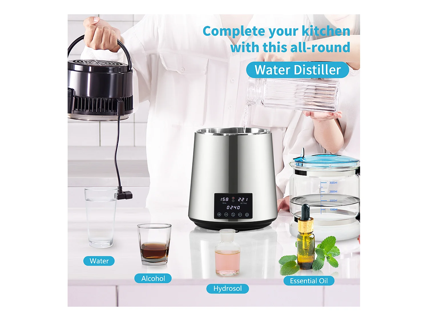 Petit Electroménager SucceBuy Distillateur D'eau 4L, Machine à Eau Distillée 1,5 L/H avec Double Température, Argent