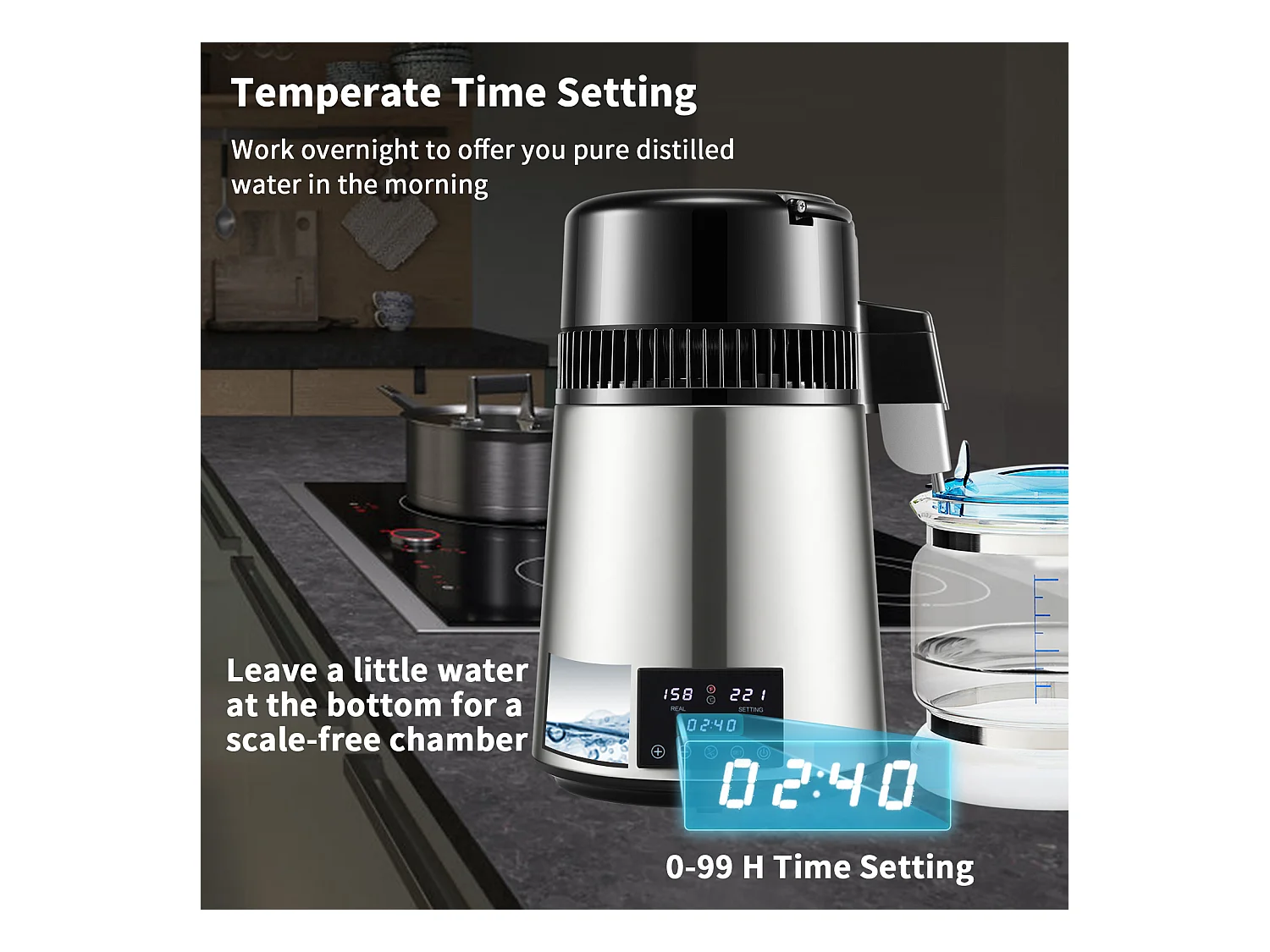 Petit Electroménager SucceBuy Distillateur D'eau 4L, Machine à Eau Distillée 1,5 L/H avec Double Température, Argent