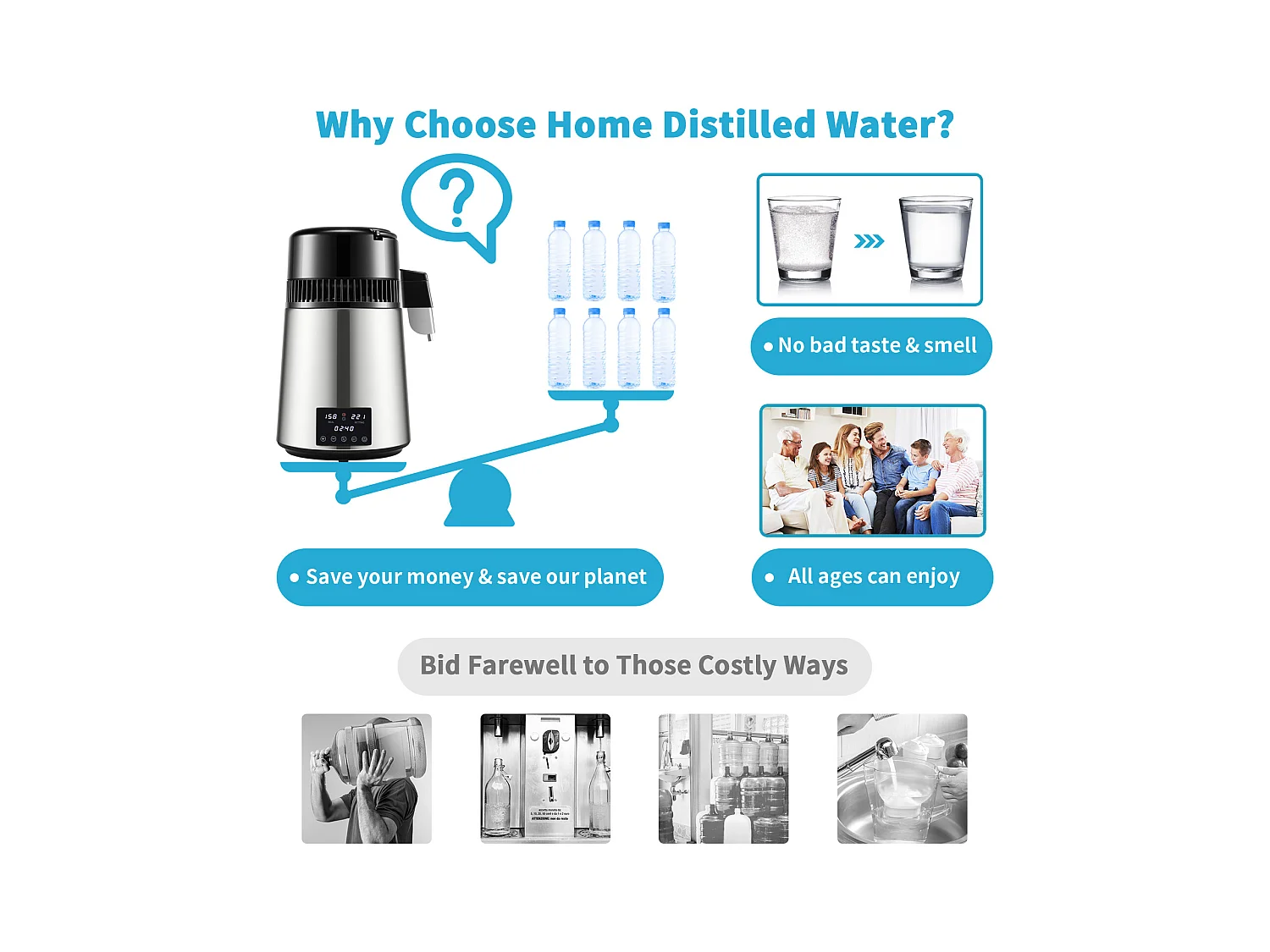 Petit Electroménager SucceBuy Distillateur D'eau 4L, Machine à Eau Distillée 1,5 L/H avec Double Température, Argent