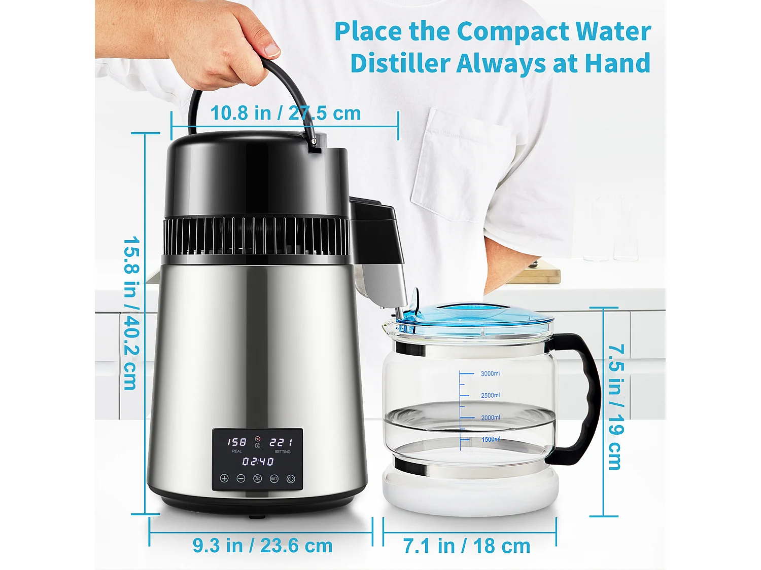 Petit Electroménager SucceBuy Distillateur D'eau 4L, Machine à Eau Distillée 1,5 L/H avec Double Température, Argent