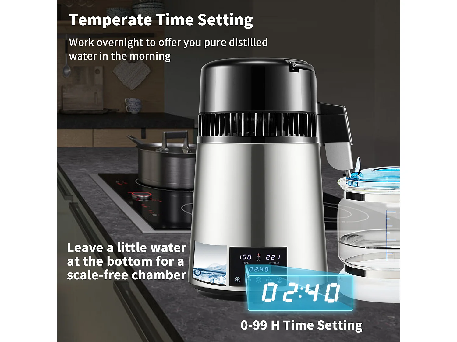 Petit Electroménager SucceBuy Distillateur D'eau 4L, Machine à Eau Distillée 1,5 L/H avec Double Température, Argent