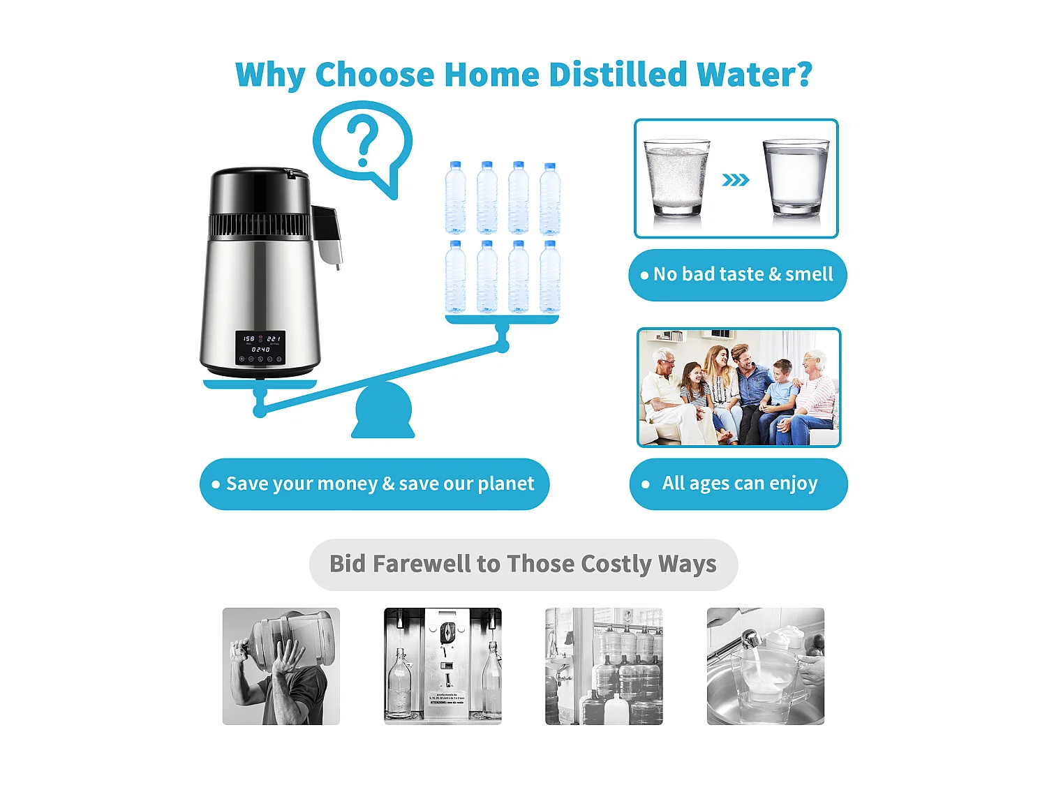 Petit Electroménager SucceBuy Distillateur D'eau 4L, Machine à Eau Distillée 1,5 L/H avec Double Température, Argent