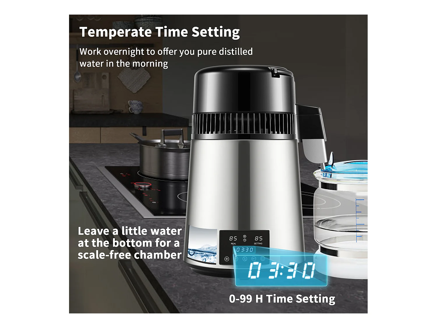 Petit Electroménager SucceBuy Distillateur D'eau 4L 1 L/H avec Minuterie et Double Température – Argent