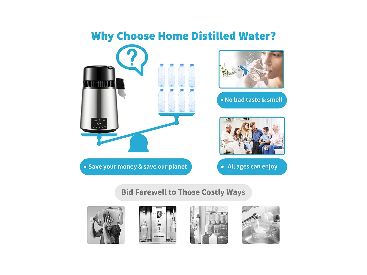 Petit Electroménager SucceBuy Distillateur D'eau 4L 1 L/H avec Minuterie et Double Température – Argent