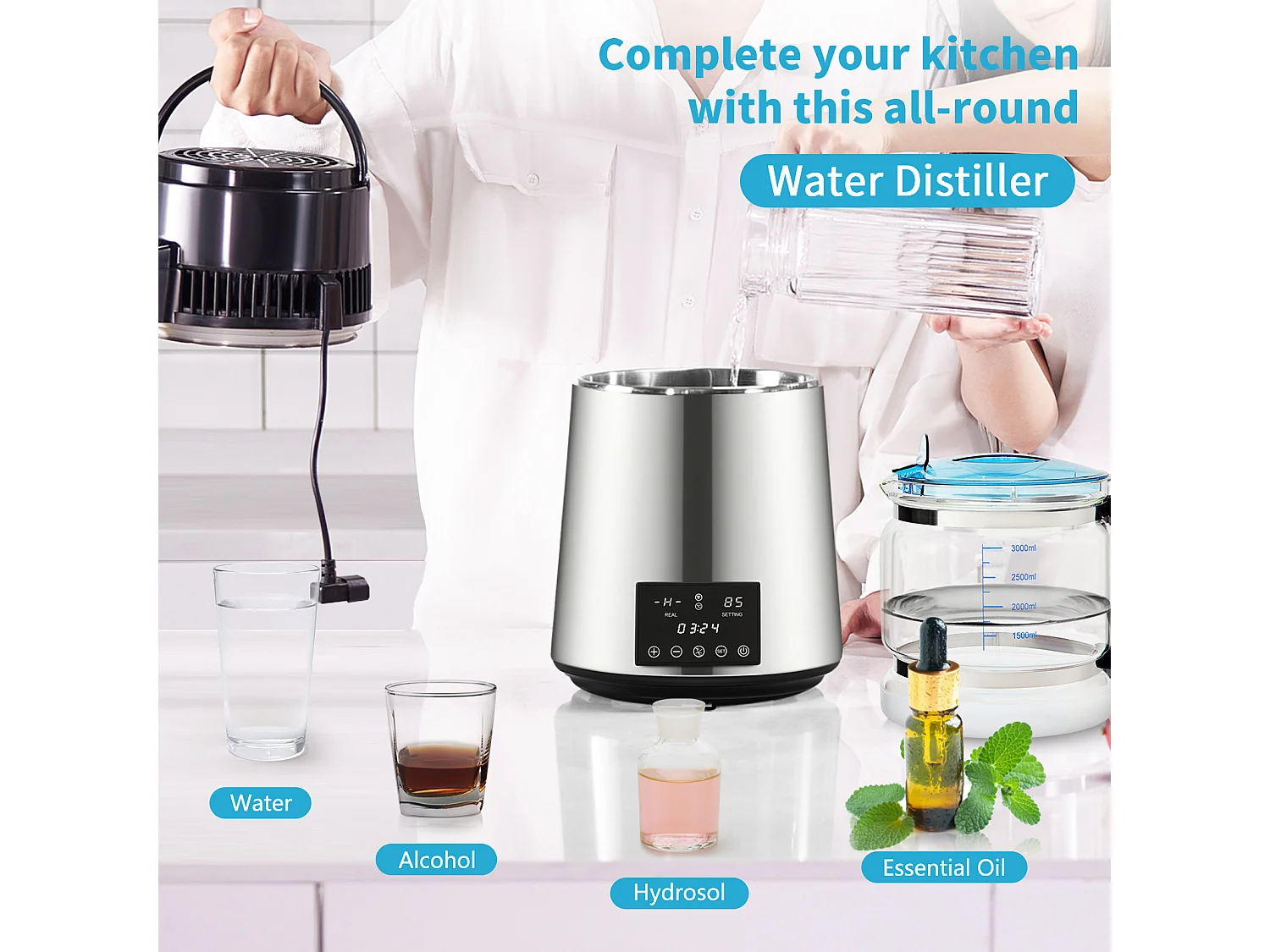 Petit Electroménager SucceBuy Distillateur D'eau 4L 1 L/H avec Minuterie et Double Température – Argent