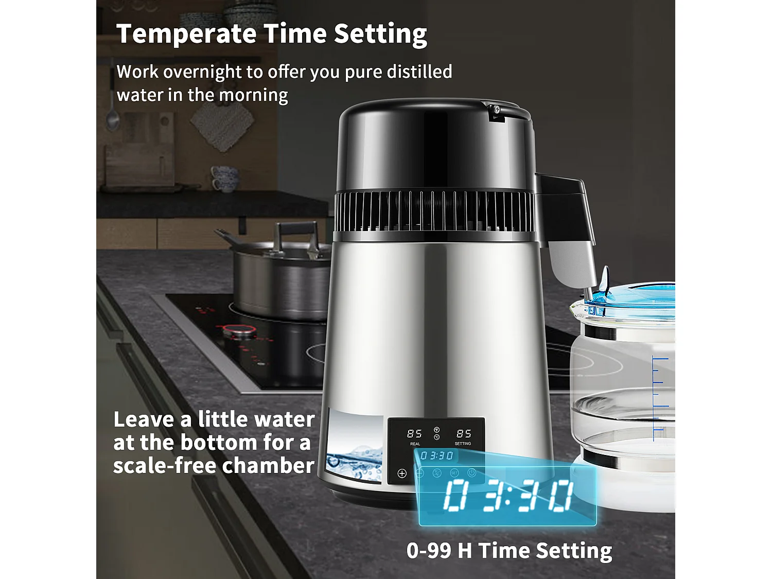 Petit Electroménager SucceBuy Distillateur D'eau 4L 1 L/H avec Minuterie et Double Température – Argent