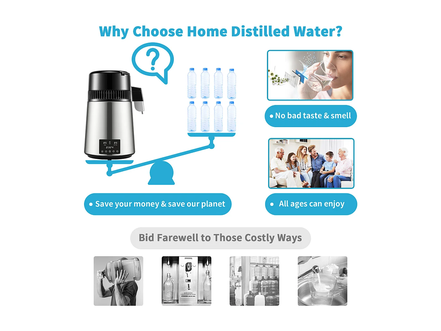 Petit Electroménager SucceBuy Distillateur D'eau 4L 1 L/H avec Minuterie et Double Température – Argent