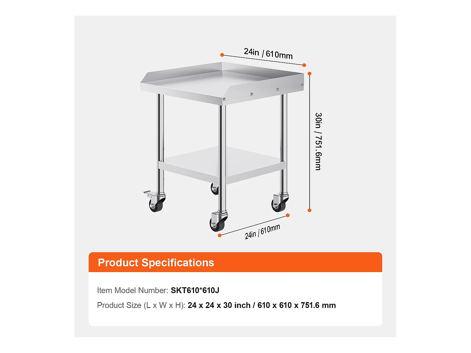 Table de Travail SucceBuy Table de Travail en Acier Inoxydable 60.96 x 60.96 cm avec 4 Roulettes Table de Préparation Alimentaire Commerciale Robuste