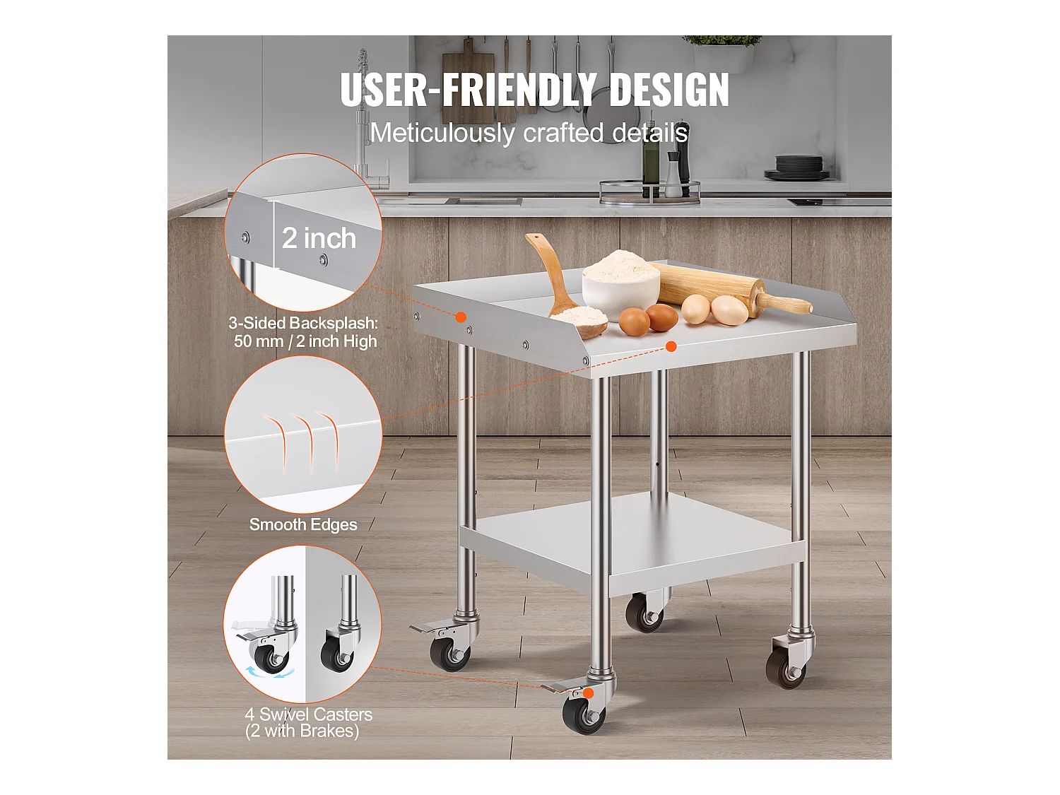 Table de Travail SucceBuy Table de Travail en Acier Inoxydable 60.96 x 60.96 cm avec 4 Roulettes Table de Préparation Alimentaire Commerciale Robuste