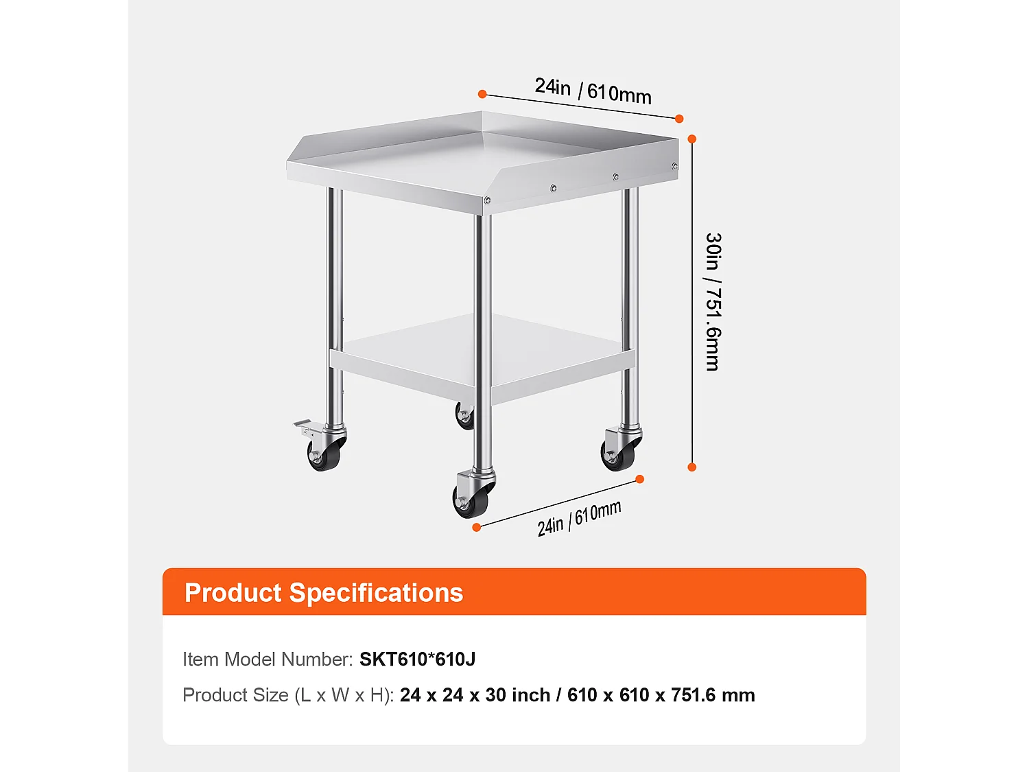 Stół Roboczy SucceBuy Stół Roboczy ze Stali Nierdzewnej 60.96 x 60.96 cm z 4 Kółkami, Wytrzymały Komercyjny Stół do Przygotowywania Żywności