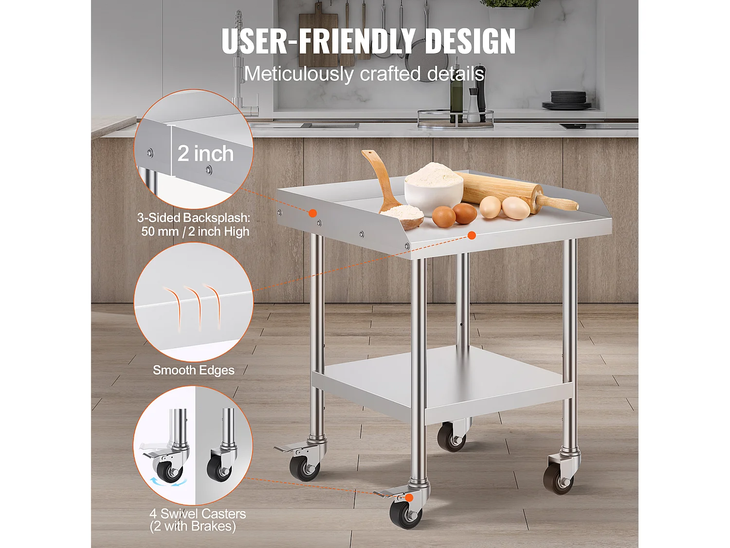 Stół Roboczy SucceBuy Stół Roboczy ze Stali Nierdzewnej 60.96 x 60.96 cm z 4 Kółkami, Wytrzymały Komercyjny Stół do Przygotowywania Żywności