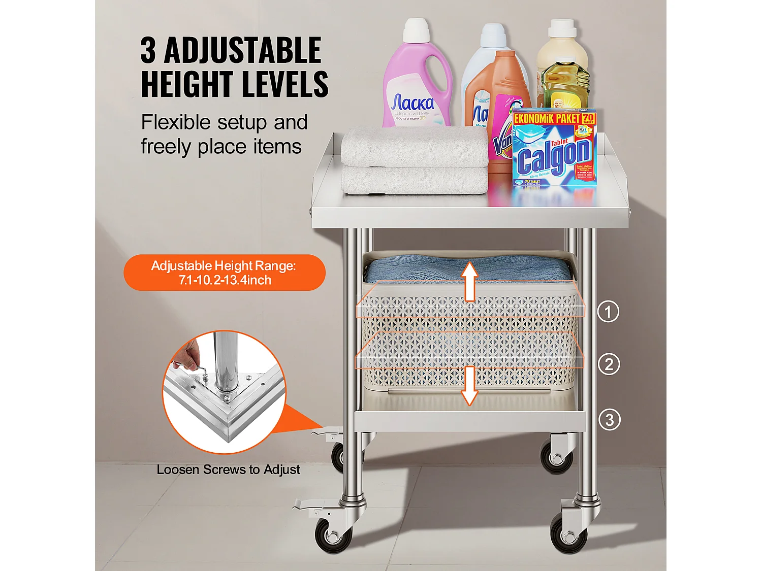 Stół Roboczy SucceBuy Stół Roboczy ze Stali Nierdzewnej 60.96 x 60.96 cm z 4 Kółkami, Wytrzymały Komercyjny Stół do Przygotowywania Żywności