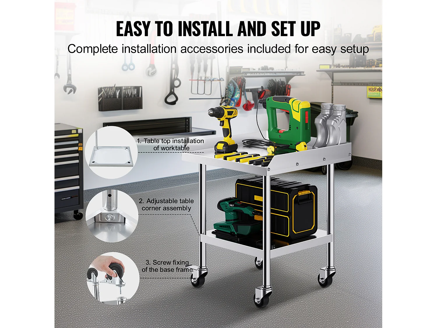 Stół Roboczy SucceBuy Stół Roboczy ze Stali Nierdzewnej 60.96 x 60.96 cm z 4 Kółkami, Wytrzymały Komercyjny Stół do Przygotowywania Żywności