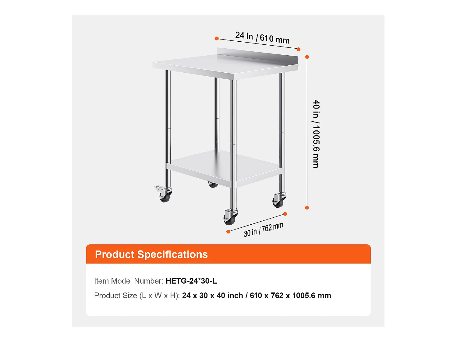 Mesa de Trabalho SucceBuy Mesa de Trabalho em Aço Inoxidável 60.96 x 76.2 cm, Mesa de Preparação de Alimentos Comercial com Rodízios