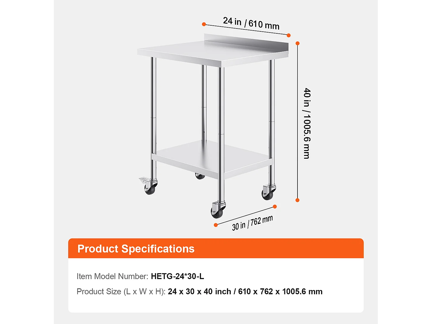 Table de Travail SucceBuy Table de Travail en Acier Inoxydable 60.96 x 76.2 cm Table de Préparation des Aliments Commerciale avec Roulettes
