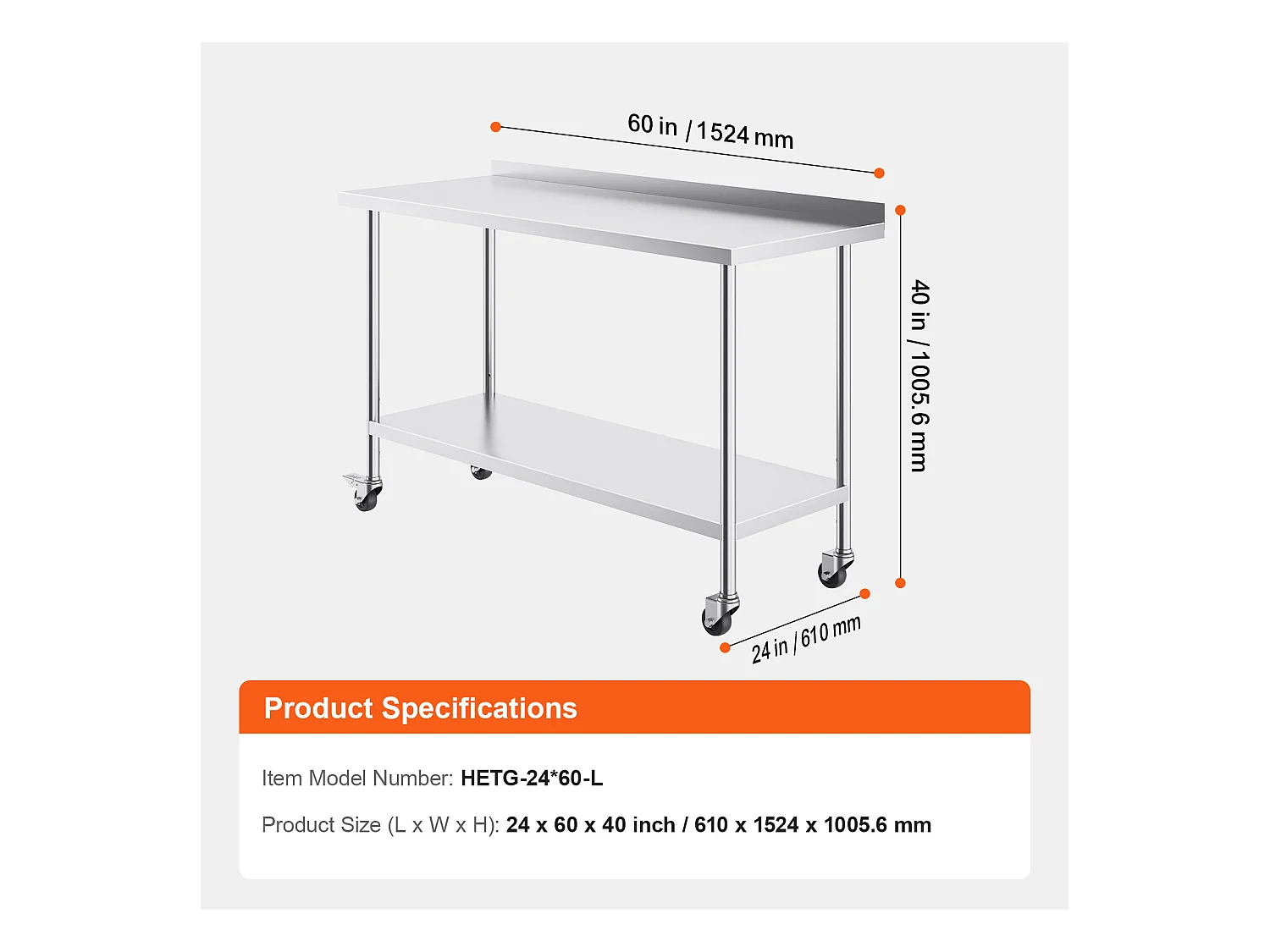 Arbeitstisch SucceBuy 61 x 152 x 102 cm Großer Arbeitstisch aus Edelstahl, Gewerblicher Tisch zur Lebensmittelzubereitung mit Rädern, Höhenverstellbar
