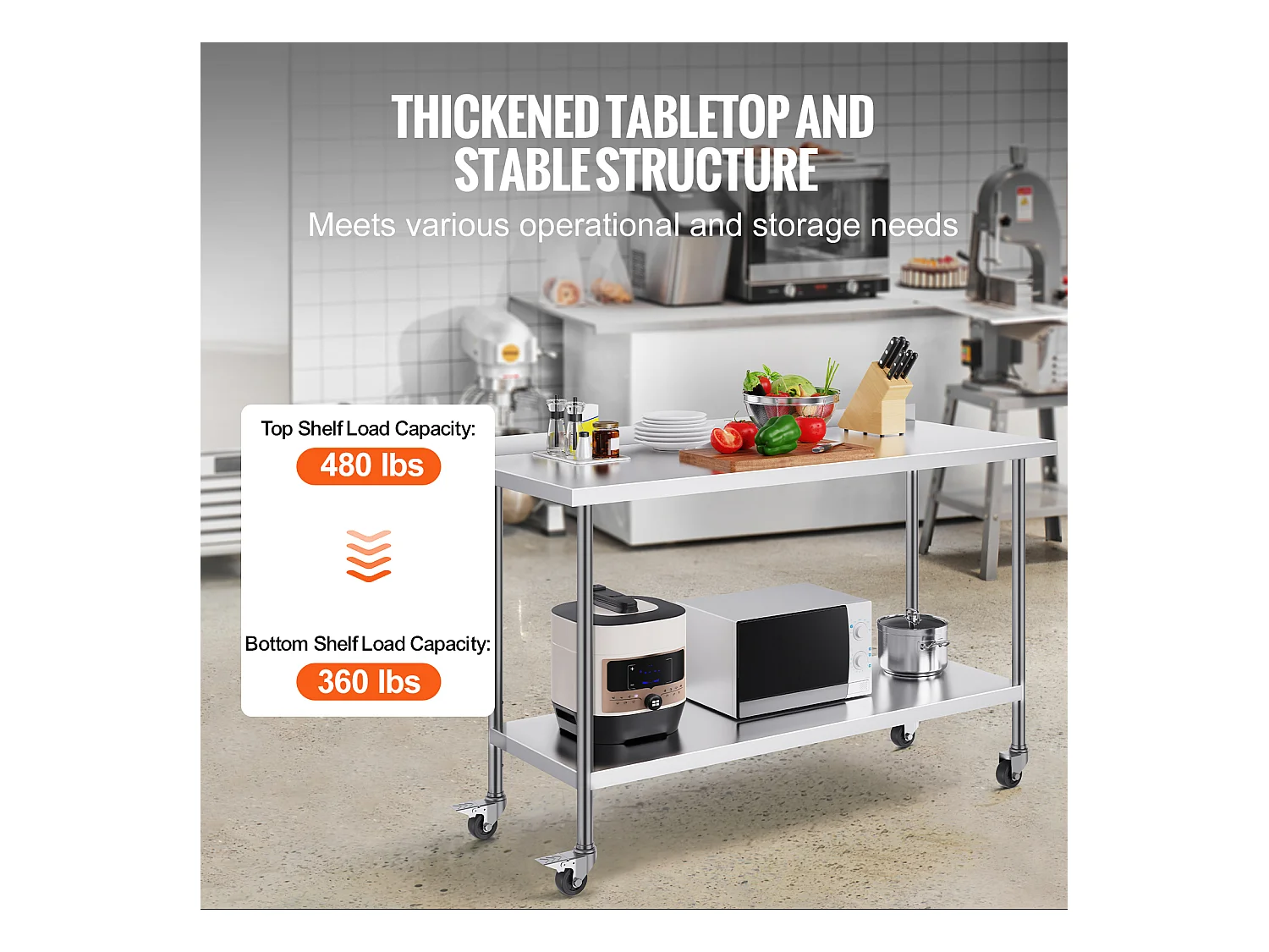 Arbeitstisch SucceBuy 61 x 152 x 102 cm Großer Arbeitstisch aus Edelstahl, Gewerblicher Tisch zur Lebensmittelzubereitung mit Rädern, Höhenverstellbar