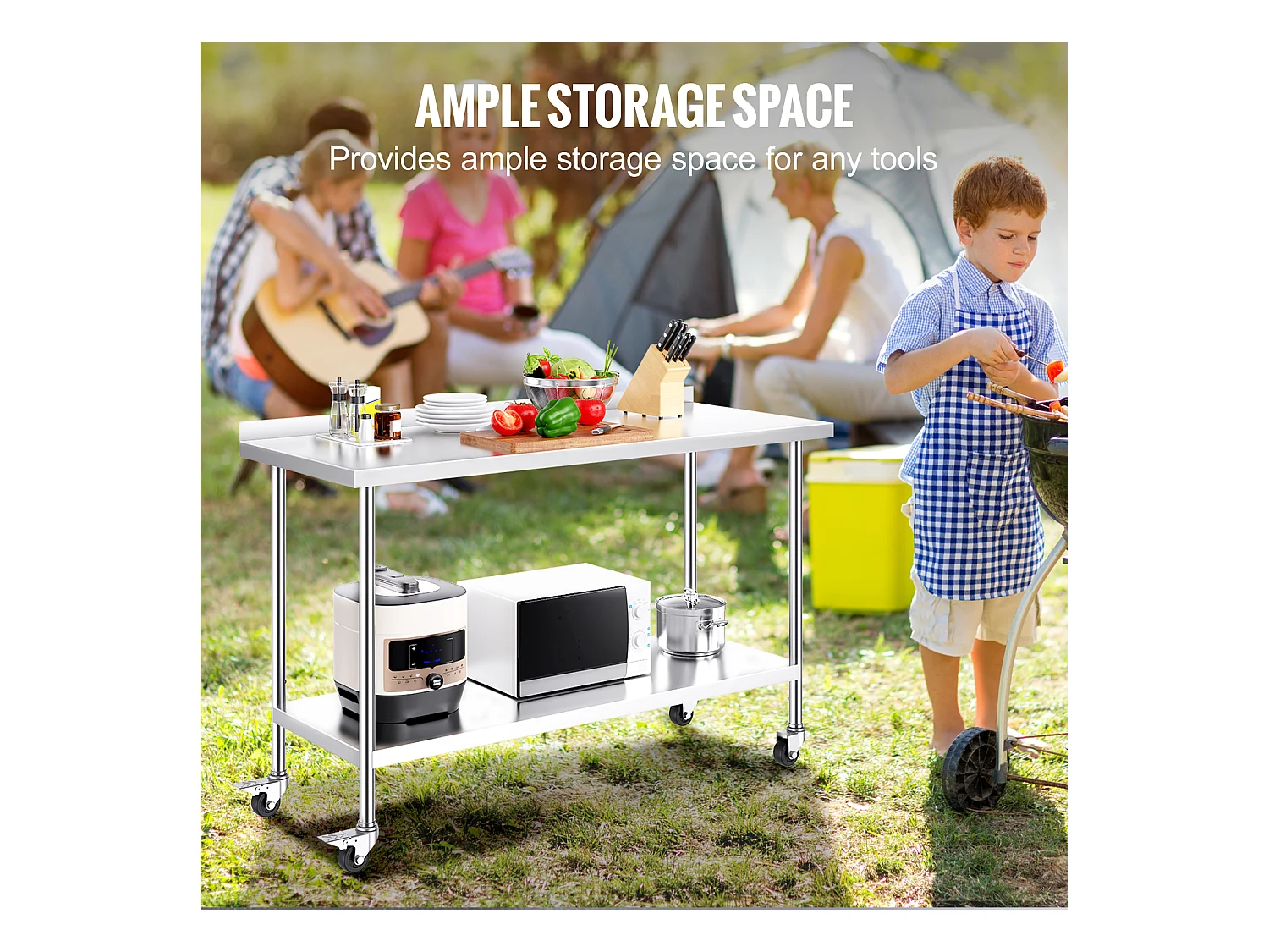 Arbeitstisch SucceBuy 61 x 152 x 102 cm Großer Arbeitstisch aus Edelstahl, Gewerblicher Tisch zur Lebensmittelzubereitung mit Rädern, Höhenverstellbar